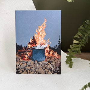 Blank Campfire Greeting Card- Travel Notecard- Campsite Tin Mug Greeting Card- Mini Art Card- Vibrant Wilderness Card