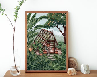 Impresión artística en gouache de invernadero: Ilustración botánica de plantas de interior