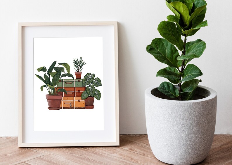 Houseplant Art Print: Vintage Suitcase, Retro Plant Illustration image 5