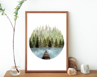 Printable Kayaking Watercolor Art Print- Wilderness Theme Kayak Digital Poster Print- Nursery Kayak Illustration- Outdoors Theme Art Print