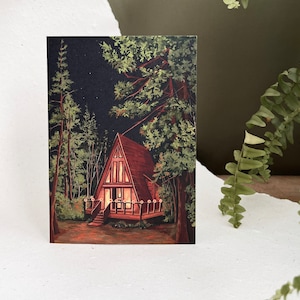 Blank A Frame Cabin Carte de voeux - Carte de correspondance - Carte de voeux vibrante - Mini cartes d'art aventure dans la nature - Carte postale de voyage