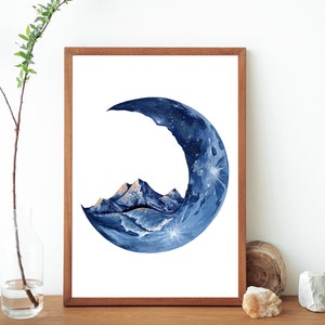 Moon Illustration Art Print- Crescent Waning Moon Painting- Seaside Ocean Waves Mountain Landscape Poster Print- Blue Moon Wall Art
