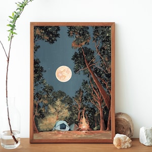 Lagerfeuer Nacht Kunst Druck: Gouache Landschaftsbild (Vollmond)