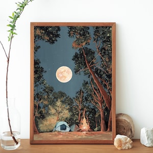 Camping Scene Gouache Landscape Painting- Campfire Night Sky Art Print- Wilderness Woodland Trees Wall Art- Full Moon Forest- Camping Tent