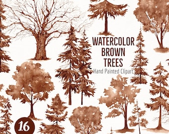 Watercolor Brown Trees Hand Painted Clipart- Rustic Woodland Oak Tree- Vintage Aesthetic Wedding Invite PNG- Pine Fir Spruce Tree Image File