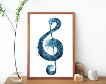 Treble Clef Wave Watercolor Painting Art Print- Music Note Poster- Musician Gift Wall Art Decor- Music Room Accessories- Watercolor Print