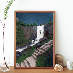 Yosemite National Park Art Print- Vernal Falls Illustration- Hiking Trail- Nevada Falls Hike Poster- Yosemite Valley Wall Art- Travel Poster