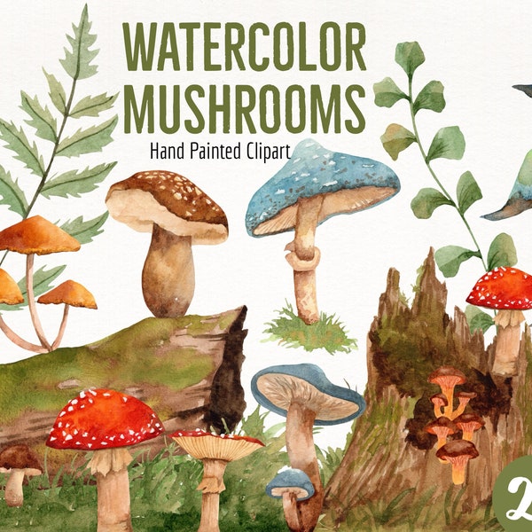 Watercolor Mushroom Woodland Clipart- Forest Clipart- Mushroom Art Graphics- Mushroom Graphic Element- Woodland Clipart- Mushroom Clipart