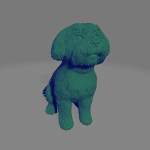 May include: A green, furry, sitting dog figurine. The dog has a fluffy tail and is looking up.