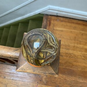 May include: A clear glass sphere filled with a preserved snake, the snake is curled up inside the sphere. The sphere is sitting on a wooden surface.