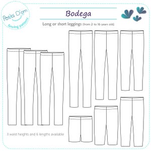 Modello di cucito PDF per leggings lunghi o corti per ragazze taglia 2-16 BODEGA