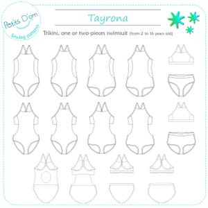 Op de afbeelding: Een naaipatroon voor een trikini, een een- of tweedelig badpak voor kinderen. Het patroon bevat verschillende stijlen voor boven- en onderdelen, met opties voor een een- of tweedelig badpak. Het patroon is voor maten 2 tot 16 jaar.