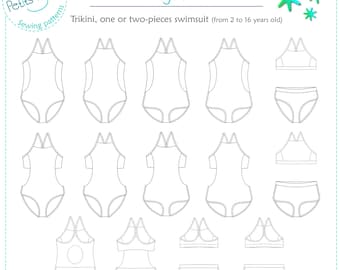 girl swimsuit one-piece, two-pieces, trikini PDF sewing pattern size 2-16 TAYRONA