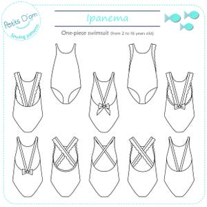 May include: Line drawing patterns for a one-piece swimsuit with different back styles. The text "Ipanema" and "One-piece swimsuit (from 2 to 16 years old)" is included in the image.