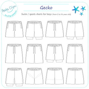 May include: Line drawing patterns for boys' swim or sports shorts. The patterns include different pocket styles and lengths. The title "Gecko" and the text "Swim / sports shorts for boys (from 2 to 16 years old)" are included.