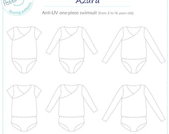 Girl anti-UV swimsuit one-piece with sleeves PDF sewing pattern sizes 2-16 AZURA