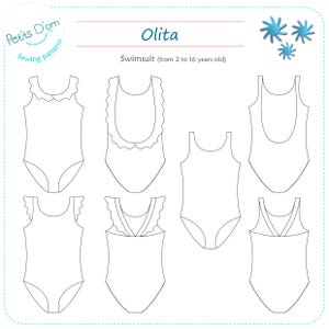 Peut inclure: Modèles de patrons de maillot de bain avec différents styles d'encolure et de dos. Les patrons sont pour les tailles de 2 à 16 ans. Le texte "Olita" et "Maillot de bain (de 2 à 16 ans)" est inclus dans l'image.