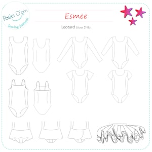 Puede incluir: Un dibujo técnico de patrón de costura titulado Esmee Leotard sizes 2-16 de Petits D'om. La imagen muestra ilustraciones de línea en blanco y negro de varios estilos de leotardos, incluyendo opciones sin mangas, manga larga y corta.