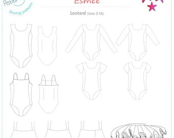 May include: A sewing pattern technical drawing titled Esmee Leotard sizes 2-16 by Petits D'om. The image displays black and white line art illustrations of various leotard styles including sleeveless, long-sleeve, and short-sleeve options.