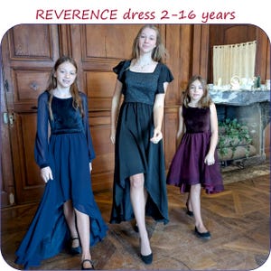 Peut inclure: Trois filles portant des robes de couleurs marine, noire et bordeaux. Les robes présentent différents styles, avec des manches longues, une coupe asymétrique et sans manches. Le texte "REVERENCE dress 2-16 years" est visible en haut de l'image.