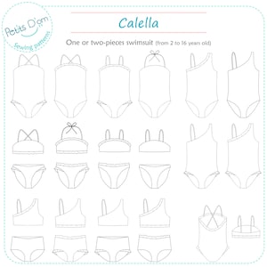 Pode incluir: Padrões de desenho de linha para um fato de banho de uma ou duas peças. Os padrões incluem diferentes estilos de tops e fundos, incluindo um top halter, um top de um ombro e um top de biquíni clássico. Os padrões são para tamanhos de 2 a 16 anos.