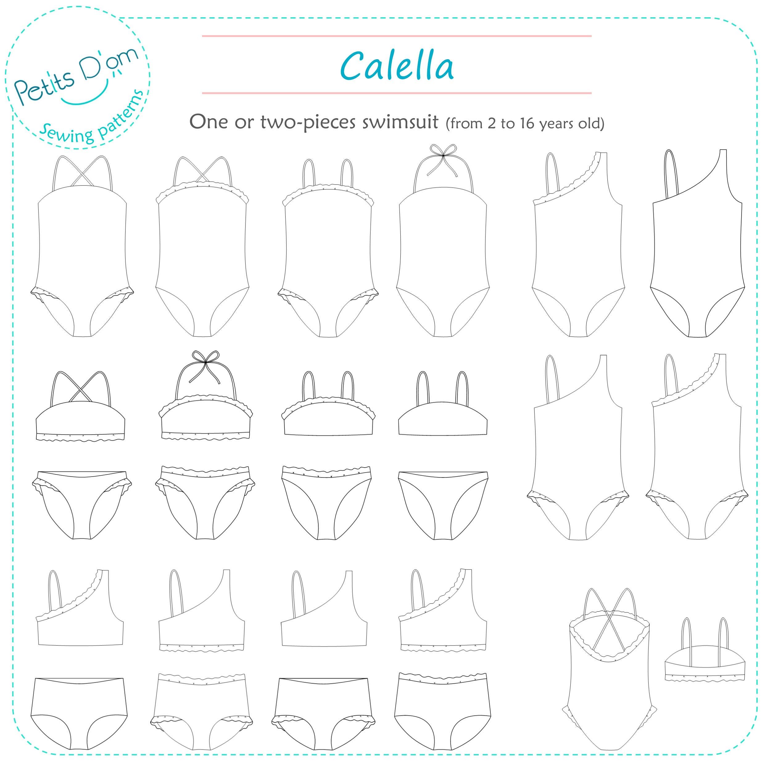 Girls swimsuit one-piece, two-pieces, asymmetrical with frills PDF sewing pattern sizes 2-16 CALELLA