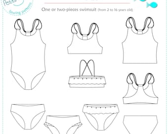 Girl swimsuit one-piece, two-pieces, racerback PDF sewing pattern size 2-16 THALASSA