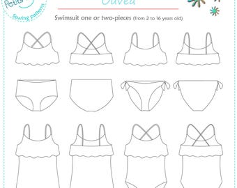 Girl swimsuit with ruffle one-piece, two-pieces PDF sewing pattern size 2-16 OUVEA