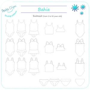 May include: A line drawing pattern for a swimsuit with different styles of tops and bottoms. The pattern is for sizes 2 to 16 years old. The title of the pattern is "Bahia".