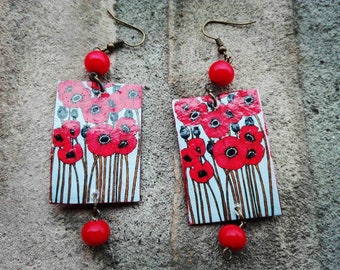 Orecchini di carta papaveri,paper earrings,  orecchini pendenti, boucles d'oreilles