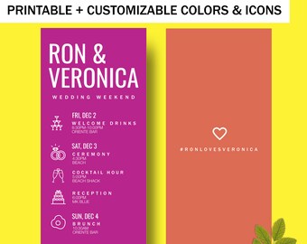 Custom Modern Wedding Weekend Itinerary Template: 4x8" Printable Timeline Card