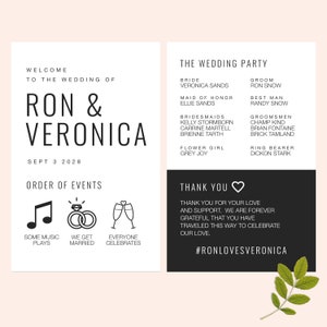 Puede incluir: Una invitación de boda con texto negro sobre fondo blanco. La invitación dice "Bienvenido a la boda de Ron & Veronica" con la fecha "Sept 3 2028". La invitación también incluye una lista de los invitados a la boda y un orden de los eventos.