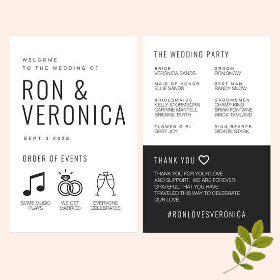 Modern Wedding Program For Ceremony Black White Destination Etsy