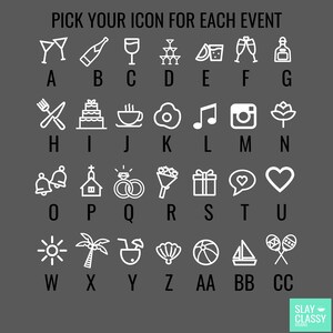 May include: A chart with white icons representing different events, such as a wedding, birthday, graduation, and more. Each icon is labeled with a letter of the alphabet.