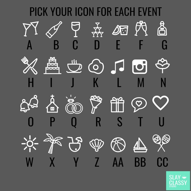 May include: A chart with white icons representing different events, such as a wedding, birthday, graduation, and more. Each icon is labeled with a letter of the alphabet.