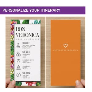 May include: A wedding weekend itinerary with a tropical theme. The itinerary includes welcome drinks, a ceremony, cocktail hour, reception, and brunch. The background is a floral design with a tropical theme. The hashtag #RONLOVESVERONICA is at the bottom of the card.