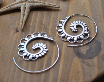 Bohemian Spiral brass,silver plated earrings,Tribal earrings,Boho jewelry, Indian earrings,hoop earrings,Tribal Warrior.