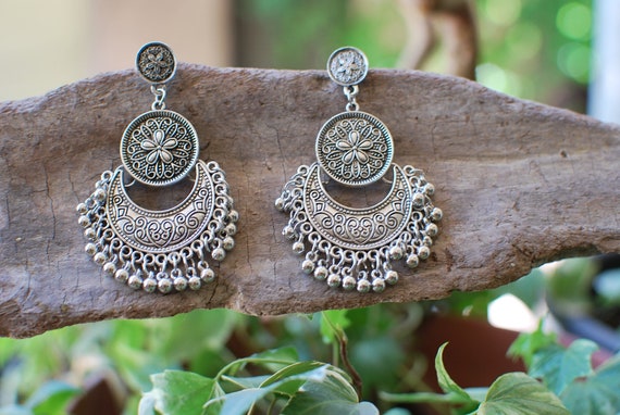 Women hoop Dangle stud Earrings vintage Jewelry Silver tribal Earrings boho Jewelry Indian Earrings. Etsy