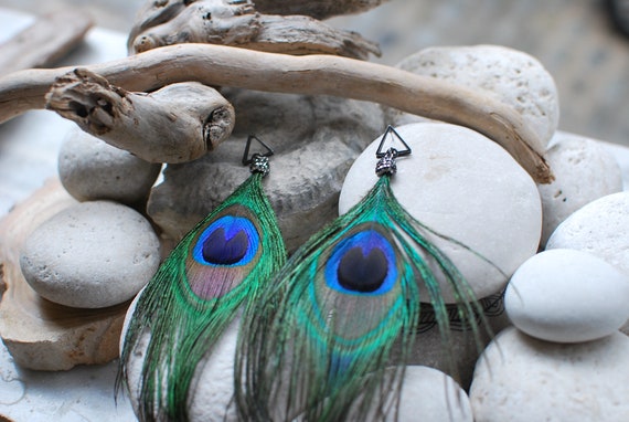 Peacock Feather Earrings, Bohemian Swarovski Crystal  display picture 1