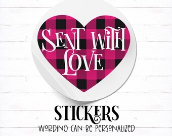 Plaid Heart, Printed Stickers, Pink Plaid, Gift Stickers, Buffalo Plaid, Printed Labels, Sent With Love, Heart Stickers, Packaging Sticker