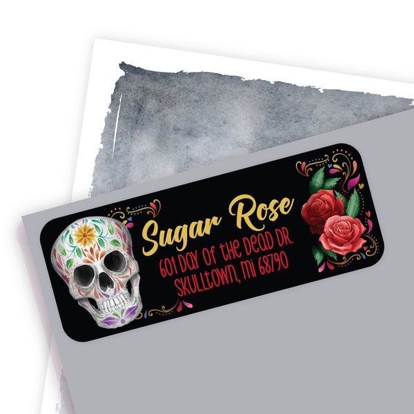 Sugar Skull and Roses Address Label; Day of the Dead Address Sticker, Sugar Skull Envelope Sticker, Mailing Label, Gothic Return Address