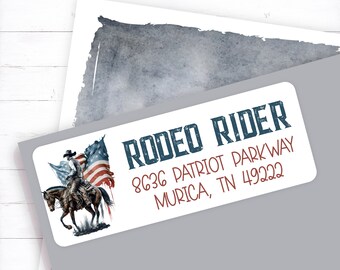 American Rodeo Rider Return Address Label, Patriotic American Flag Address Sticker, Red White and Blue Label, Rodeo Lover, Rodeo Rider