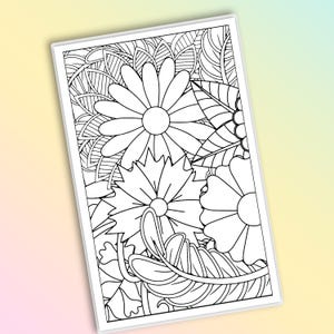 May include: Black and white floral coloring page featuring detailed outlines of various flowers, leaves, and other botanical elements. The design is presented on a white rectangular surface with a white border, ready for coloring.