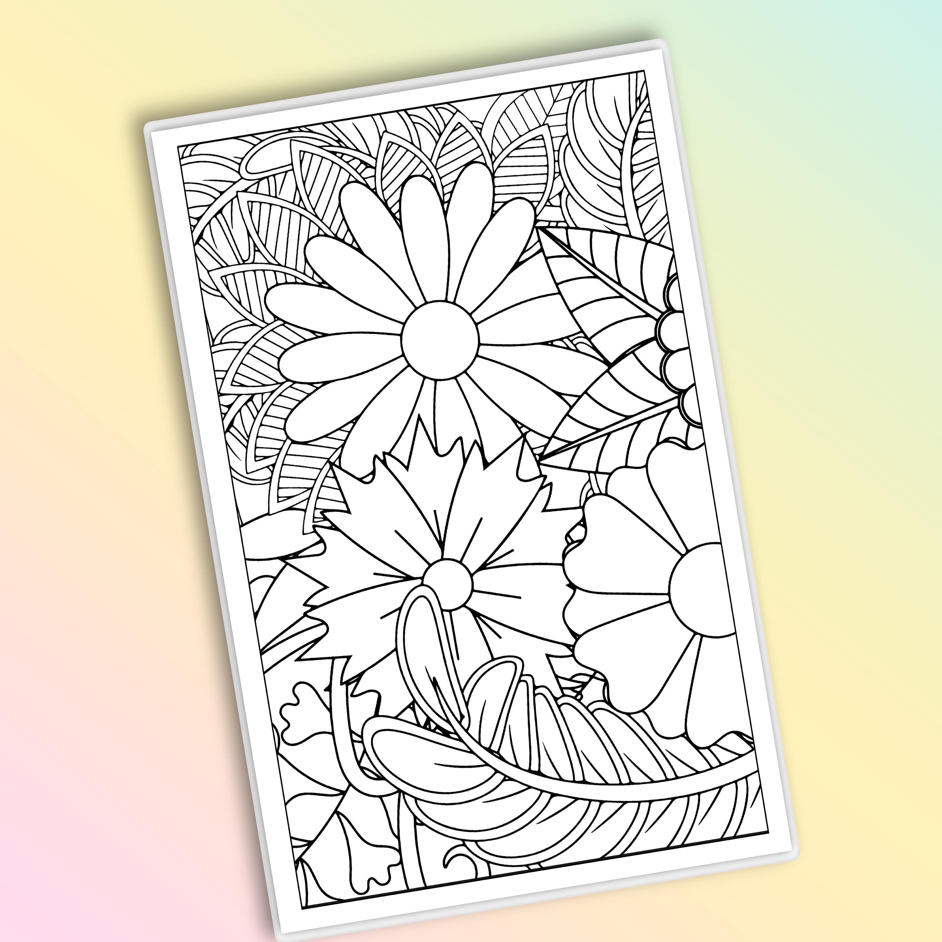 Floral Coloring Notepad, Adult Coloring Book, Half Page to Color, 5.5x8 ...
