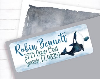 Orca Address Label, Ocean Address, Killer Whale, Watercolor Ocean Return Labels, Sea Animal Return Address, Watercolor Address Labels