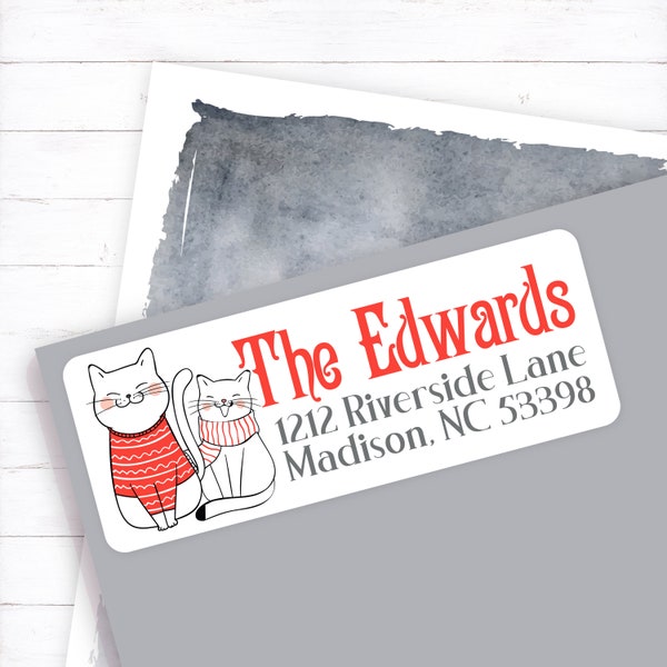 Sweater cat label sheet, Christmas cat lover mailing label, fun cat card address label, cartoon cat return address label, cat Christmas card