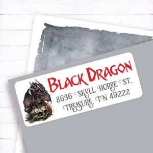 Baby Dragon Address Label, Black Dragon Address Sticker, Fantasy Mailing Label, Dragon Skull Envelope Sicker, Fantasy Dragon Sticker, Dragon image 1
