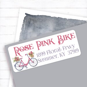 Vintage Pink Floral Bike Personalized Return Address Label, Floral Wedding Bicycle Address Sticker, Rose Bicycle Envelope Label, Spring Bike