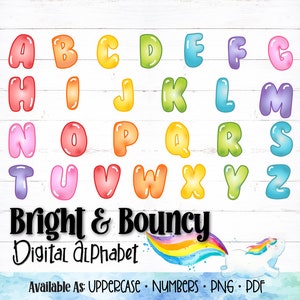Lettres de l'alphabet numérique imprimables, lettres bulles, alphabet feuilleté, alphabet arc-en-ciel, alphabet PDF, alphabet PNG, alphabet de dessin animé