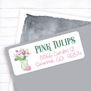 Pink Floral Address Label, Shabby Chic Pink Tulip Feminine Envelope Label, Spring Floral Address Sticker, Spring Tulip Mailing Label